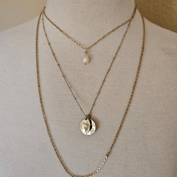 Elizabeth and James Jewelry - Elizabeth & James 3 Three Strand Gold Tone Chain Layer Necklace Pearl Medallion